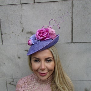 Lavender Fuchsia Pink Magenta Mauve Feather Flower Disc Saucer Hat Fascinator Wedding Races Headpiece Hatinator Floral u10312