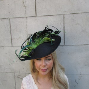 One off Piece Large Black Olive Chartreuse Lime Green Peacock Pheasant Feather Fascinator Hat Big Teardrop Races Ascot Statement Hat u12307