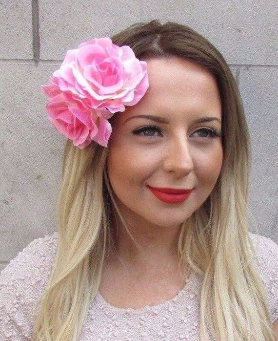 Large Double Hot Pink Rose Flower Hair Clip Rockabilly 1950s Vtg Fascinator 2724