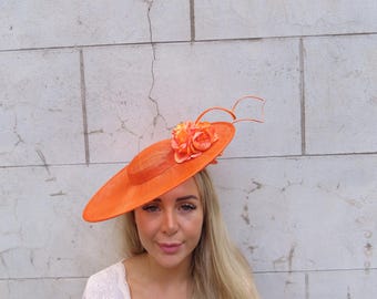 Large Orange Rose Flower Sinamay Hat Fascinator Boater Wedding Guest Hatinator Races Ascot u13007