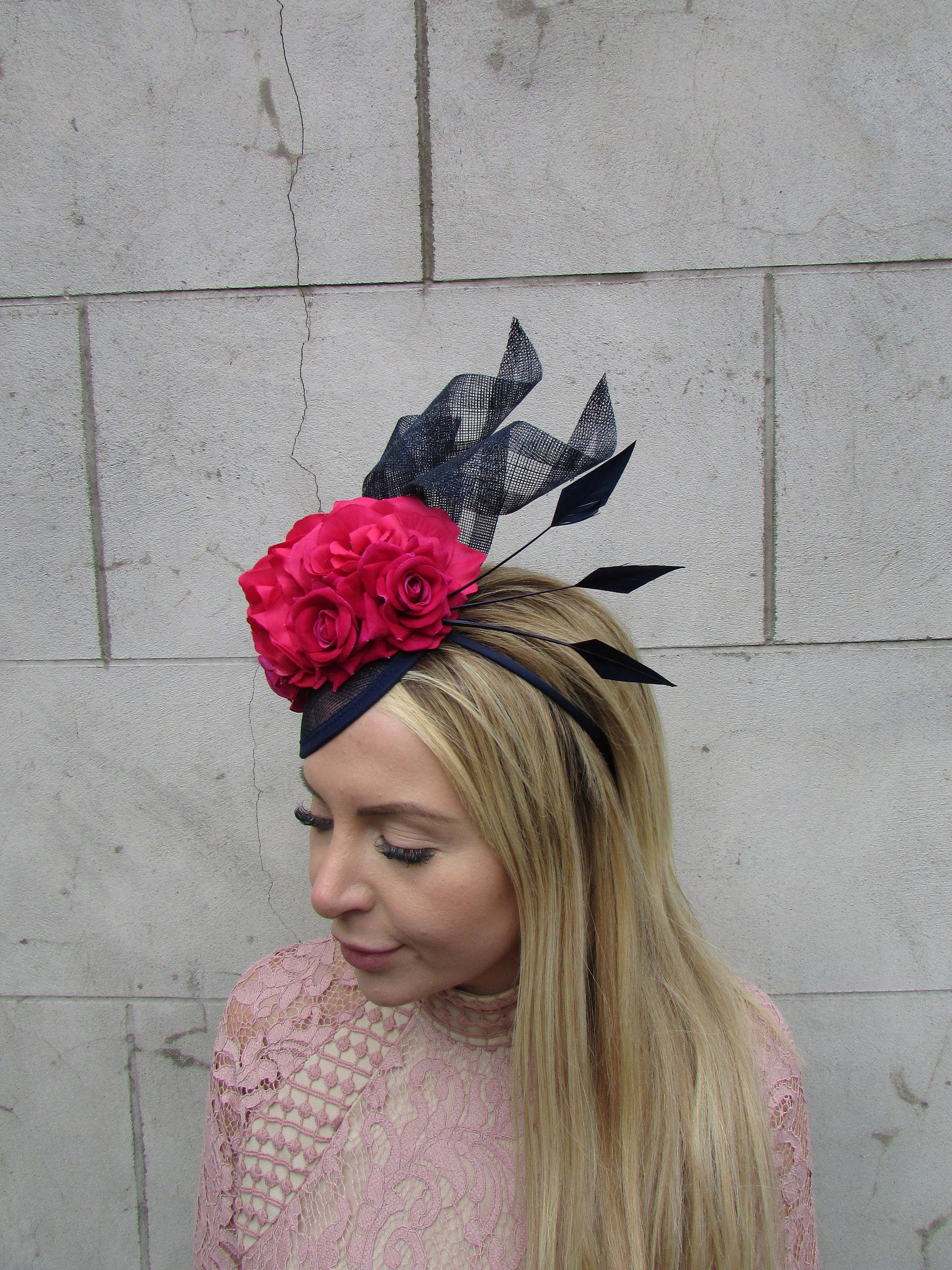 Navy Blue Hot Pink Fuchsia Flower Feather Hat Fascinator 