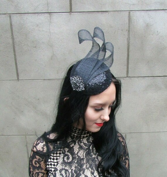 Black Sequin Pillbox Hat Fascinator 