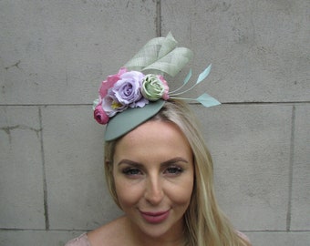New Sage Green Mauve Lilac Pink Light Purple Flower Feather Hat Hair Fascinator SH-10
