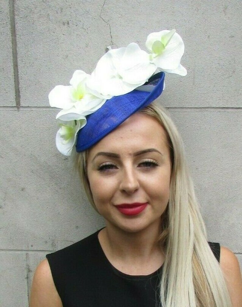 Koningsblauwe crème orchideebloem schotel schijf hoed Fascinator Races bruiloft 7255 afbeelding 3