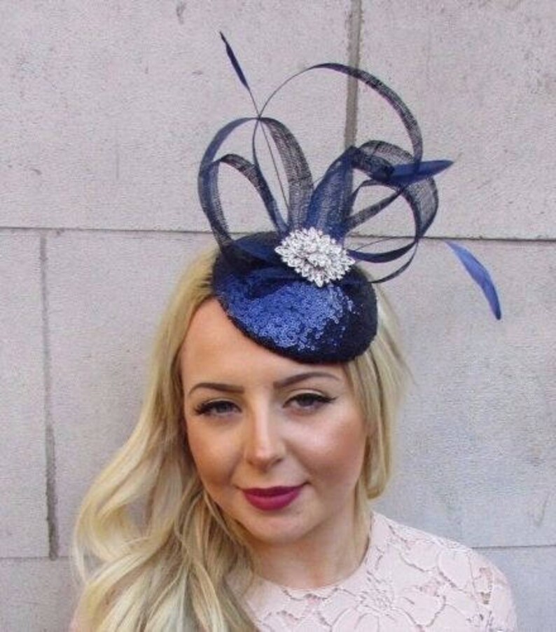 Navy Blue Silver Feather Pillbox Hat Fascinator Races Hair Etsy UK