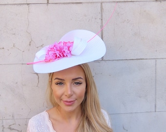 One off Piece Large White & Pink Blossom Flower Straw Style Hat Fascinator Wedding Races Disc Headband Hatinator Big u10505