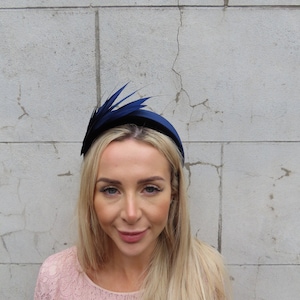 Dark Navy Blue Feather Velvet Headband Fascinator Headpiece Hat Wedding Guest Races Hairband Padded Hair Band Halo u11310
