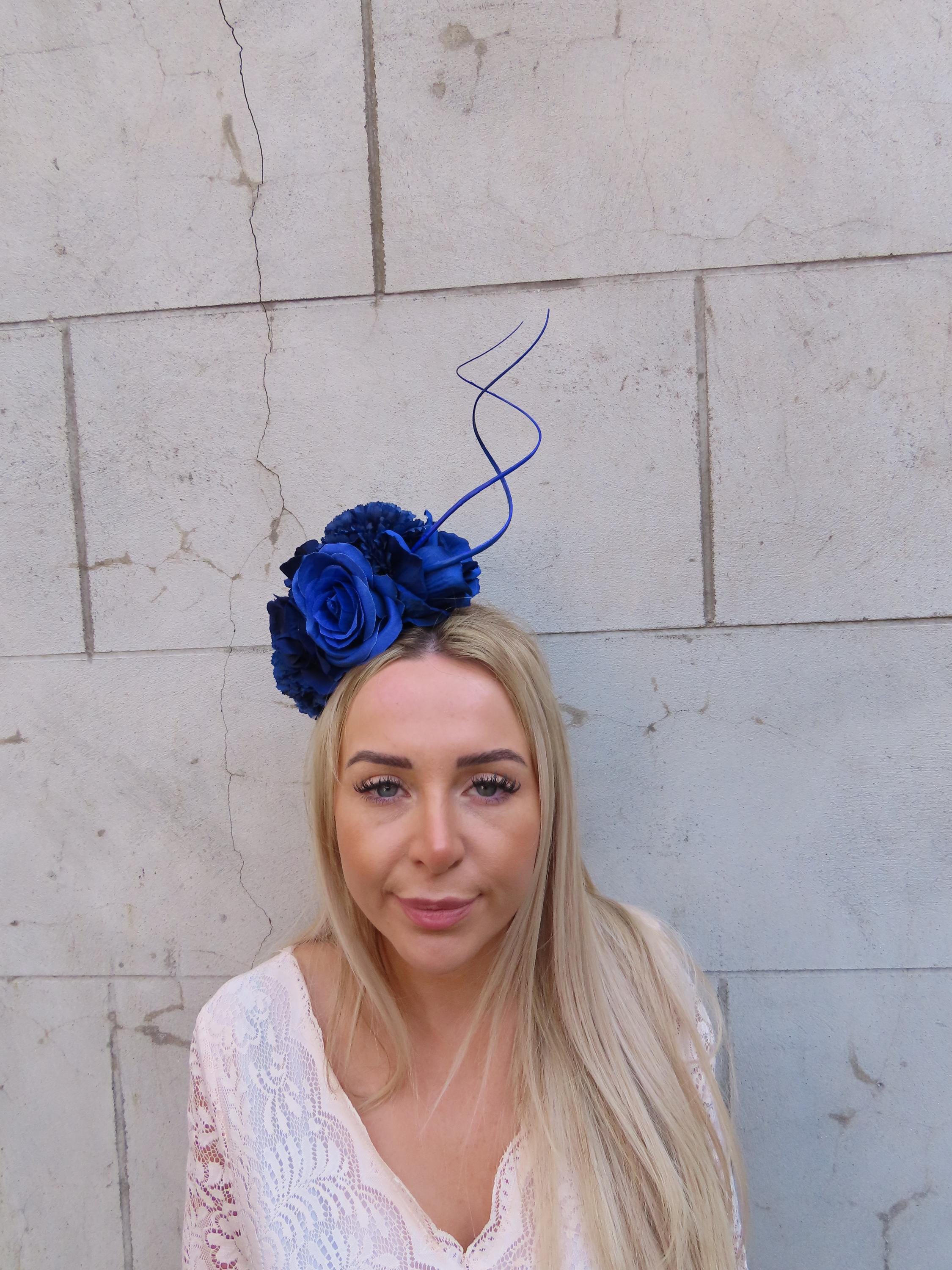 Royal Blue Rose Flower Quill Feather Fascinator Headband 