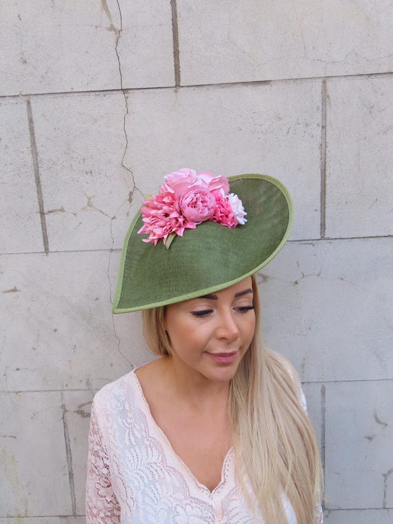 Chic Green and Pink Floral Fascinator Vintage Pink Flowers Under Tulle Hat with Green Leaves  main image 2