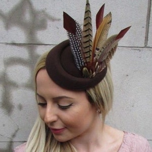 Brown Pheasant Feather Pillbox Hat 