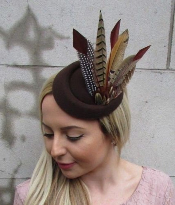 Brown Pheasant Feather Pillbox Hat 