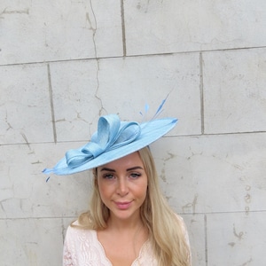 Large Light Blue Feather Hat Fascinator Boater Wedding Guest Races One Off Piece u12608