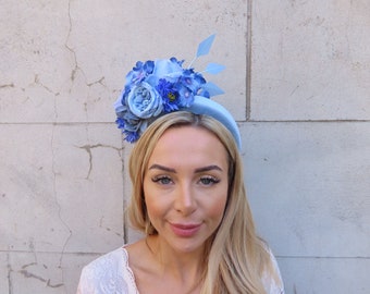 Light Blue Cornflower Blue Flower Velvet Padded Headband Feather Fascinator Headpiece Wedding Guest Races Hairband Halo Floral u10505