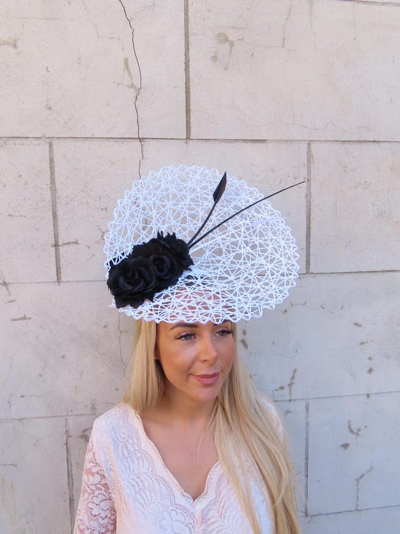 Black & White Floral Feather Fascinator Hat for Women Black and White Hat, Large Oval Disc Fascinator, Ladies Day  main image 4