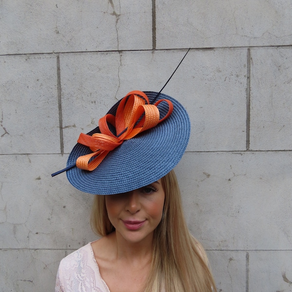 One off Piece Large Navy Blue & Orange Straw Hat Fascinator Wedding Guest Races Ladies Day Disc Headband Hairband Hatinator Big u10903