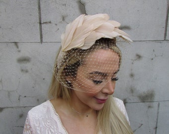 Beige Birdcage Veil Fascinator Headband Feather Velvet Padded Wedding Guest Races Hairband Halo Light Nude Champagne Headpiece u10311