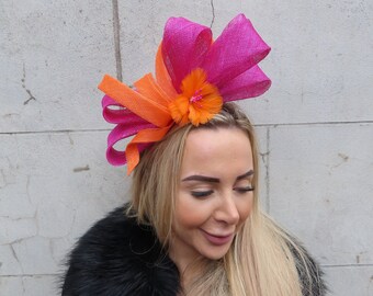 One off Piece - Magenta & Orange Feather Hot Pink Fascinator Headband Headpiece Races Wedding Guest Sinamay Cerise Hatinator Fuchsia u12701