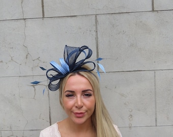 Navy Blue & Light Blue Sinamay Feather Bow Fascinator Wedding Guest Headband Headpiece Races