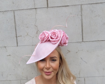 Large Light Blush Pink Flower Fascinator Hat Big Teardrop Tilted Wedding Races Floral Headpiece Ascot Headband u12004a