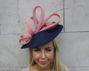 One Off Piece - Large Navy Blue Dusky Pink Blush Feather Fascinator Hat Big Teardrop Hatinator u10608