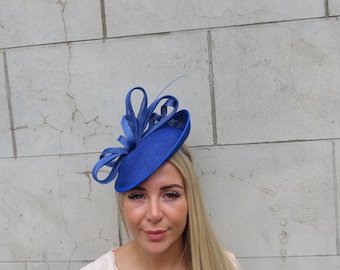 Large Royal Blue Disc Fascinator Hat Big Wedding Guest Hatinator Saucer Races Ladies Day Headband u12207