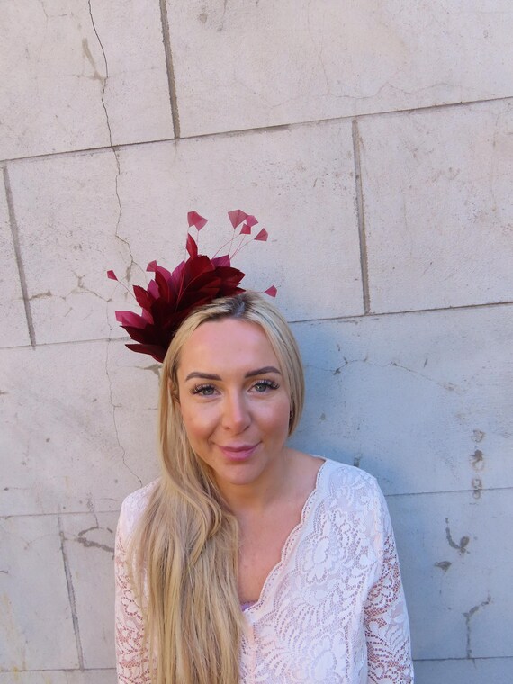 Burgundy Feather Fascinator Thin Headband U12309 - Etsy display picture 1
