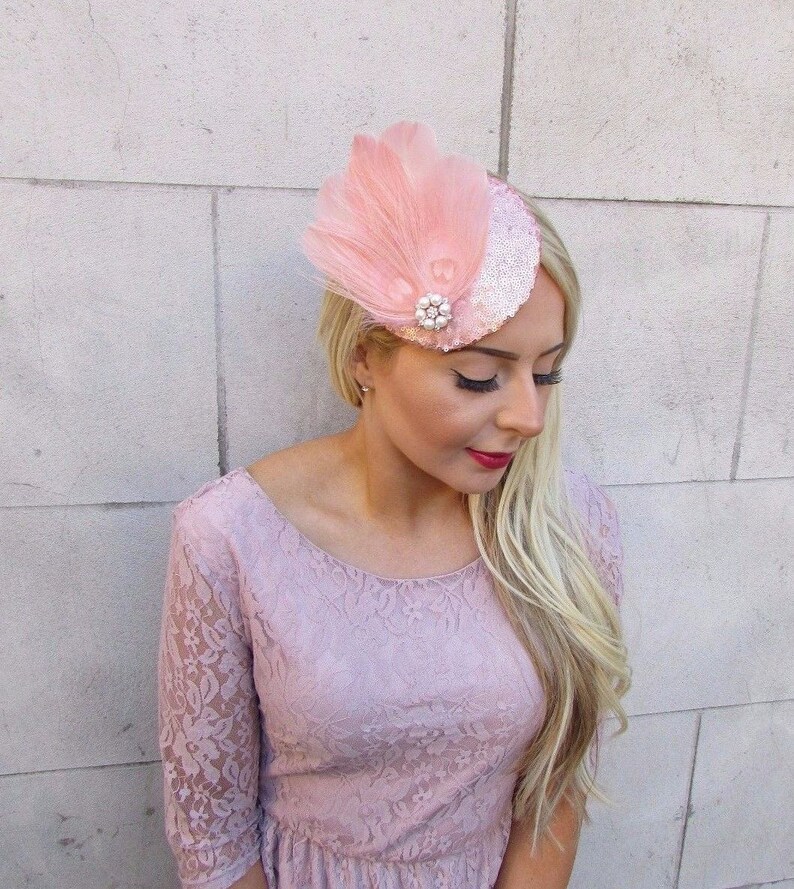 Rose Gold Blush Pink Cream Sequin Feather Fascinator Pillbox Hat Races Clip 4216