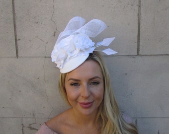 White Floral Rose Flower Fascinator Pillbox Hat Wedding Races Fascinator Headpiece Hairband or Clips u1z75