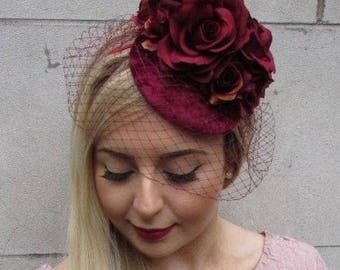 Burgundy Wine Red Rose Birdcage Veil Flower Fascinator Pillbox Hat 1940s sh-153