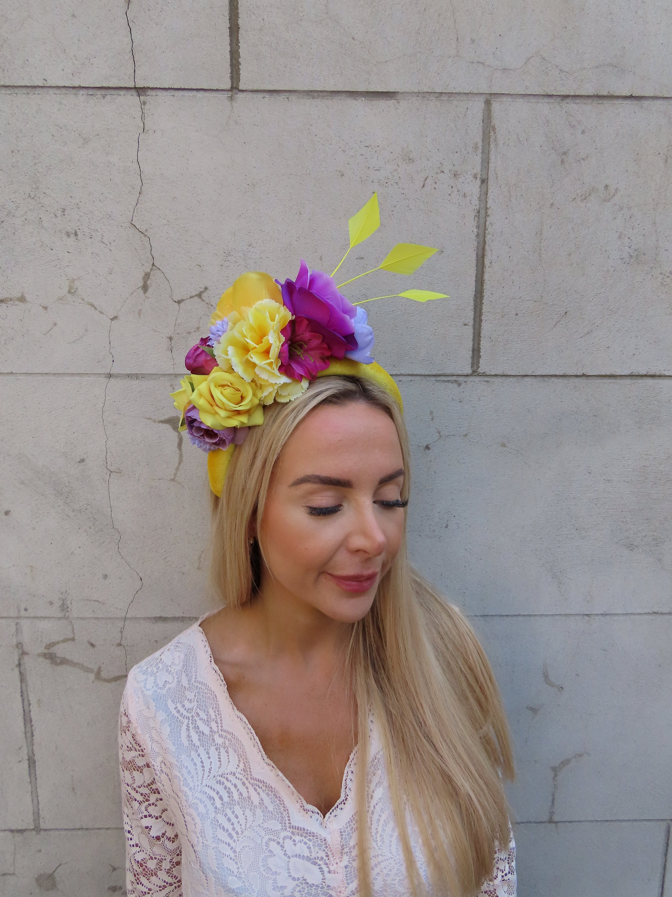 Yellow Floral Headband Fascinator with Pastel Rose & Feather Accents, NWT Fascinator Hats Yellow Rose - Etsy main image 4
