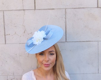 One off Piece Large Light Blue & Ivory Light Cream Flower Straw Style Hat Fascinator Wedding Guest Races Disc Headband Hatinator Big u10505