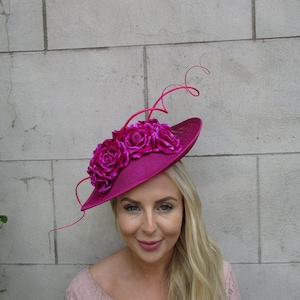 Large Magenta Pink Rose Flower Fascinator Hat Big Teardrop Tilted Floral Wedding Races Headband Hairband Hot Pink Fuchsia Ascot SH-11