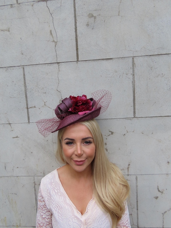 Dark Plum Grape Burgundy Flower Net Hat Fascinator Disc Hatinator