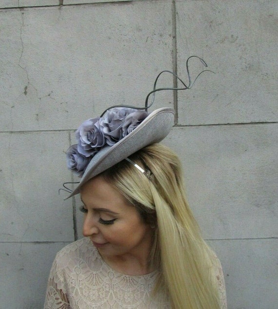 Grey Rose Flower Feather Hat Fascinator 