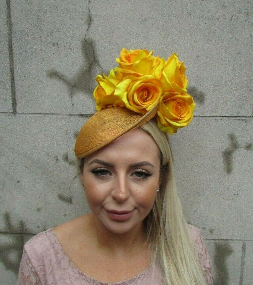 Coral and mustard yellow Floral Fascinator Mustard Yellow Coral Ivory Dusky Pink Blush Peach Sinamay  main image 3