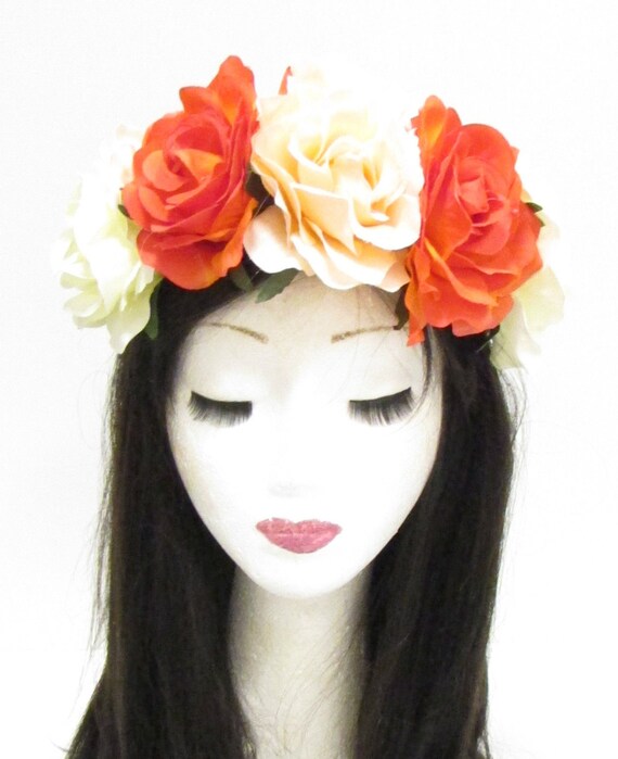 Large Burnt Orange Rose Flower Headband Halloween Big Elasticated Floral 6137