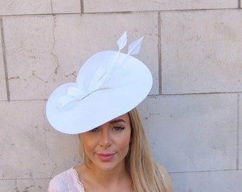 One off Piece Large White Feather Straw Style Hat Fascinator Wedding Guest Races Ladies Day Disc Headband Hatinator Big u10505