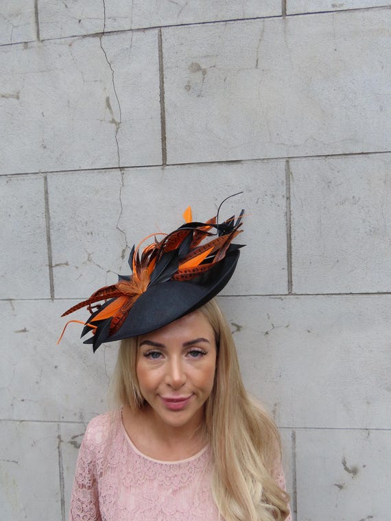 One off Piece Large Black & Orange Feather Fascinator Hat  display picture 1
