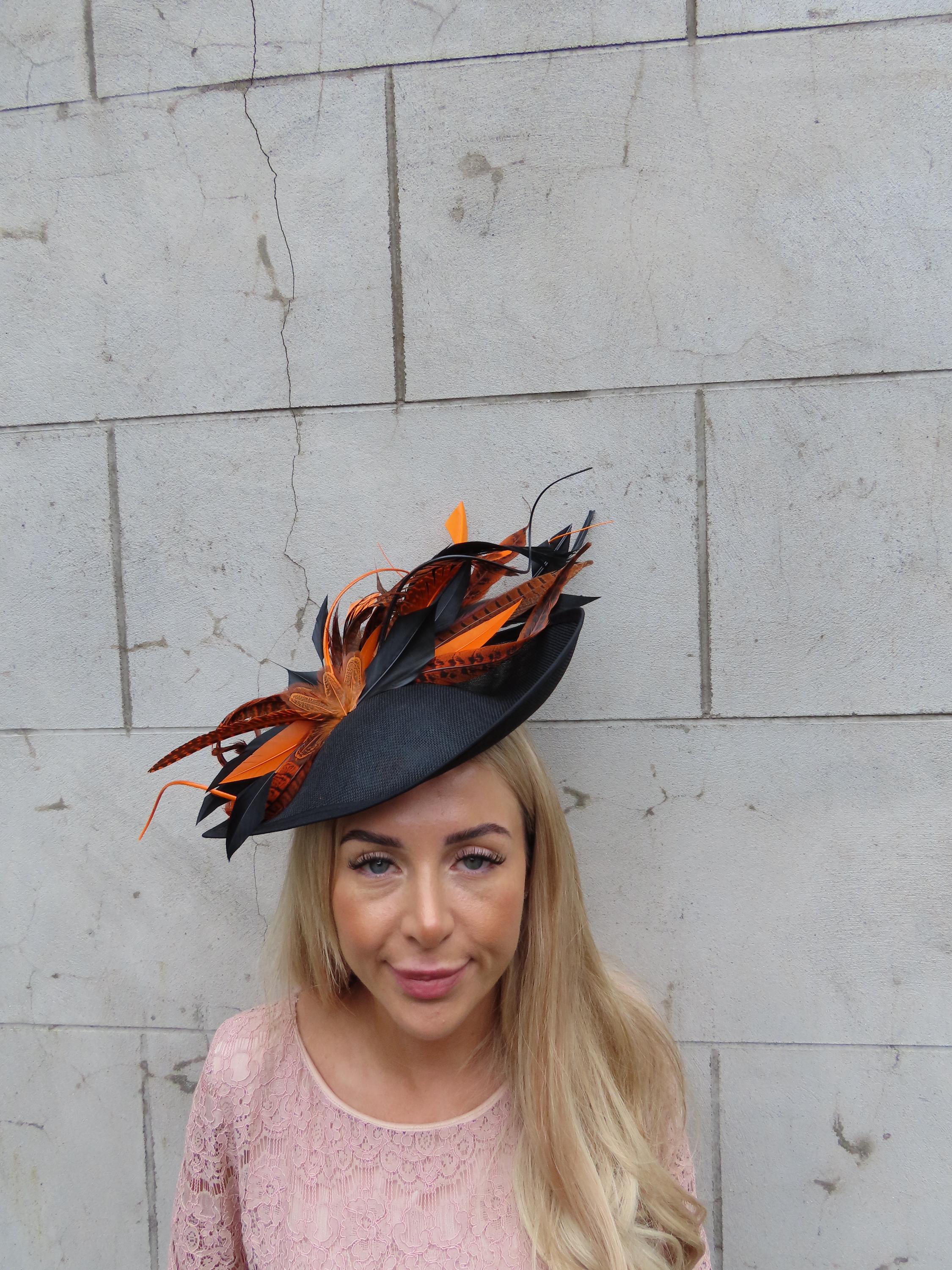 Fascinator Orange /Black Fascinator with Gloves and Pearl Jewelry Set hat Coral orange pearl fascinator hat – House of Hats main image 4