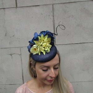 Navy Blue Lime Chartreuse Green Rose Flower Feather Pillbox Hat Hair Fascinator Wedding Races Headpiece Headband Hairband Floral sh-255 image 3