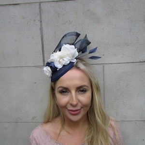 Navy Blue Cream Ivory Flower Fascinator Floral Pillbox Hat Sinamay Wedding Races Hair Fascinator Headpiece Hairband or Clips u1z26