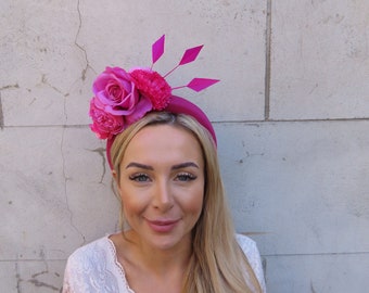 Hot Pink Rose Flower Padded Headband Fascinator Headpiece Wedding Races Hairband Halo Hairband Ladies Day Cerise Fuchsia Magenta u10505