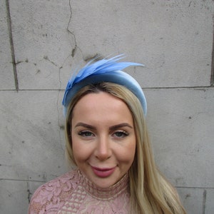 New Light Blue Velvet Feather Padded Headband Fascinator Headpiece Wedding Races Halo Baby Blue Pale Cornflower Hairband Chunky Wide u1p