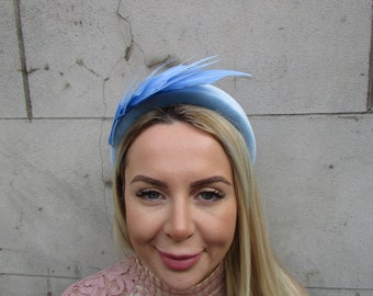 New Light Blue Velvet Feather Padded Headband Fascinator Headpiece Wedding Races Halo Baby Blue Pale Cornflower Hairband Chunky Wide u1p