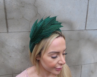 Dark Emerald Green Spotty Feather Velvet Padded Headband Fascinator Races Hairband Headpiece Races Wedding Guest Cheltenham u11002