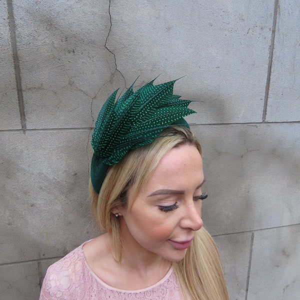 Dark Emerald Green Spotty Feather Velvet Padded Headband Fascinator Races Hairband Headpiece Races Wedding Guest Cheltenham u11002