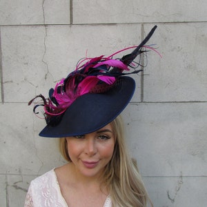 Large Navy Blue Fuchsia Hot Pink Pheasant Feather Fascinator Hat Big Teardrop Races Cheltenham Ascot Unique Statement Headpiece u12808
