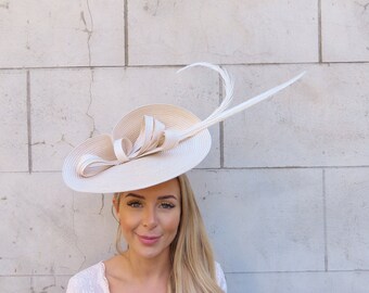 One off Piece Large Champagne Beige Feather Straw Style Hat Fascinator Wedding Guest Races Ladies Day Disc Headband Hatinator u10505