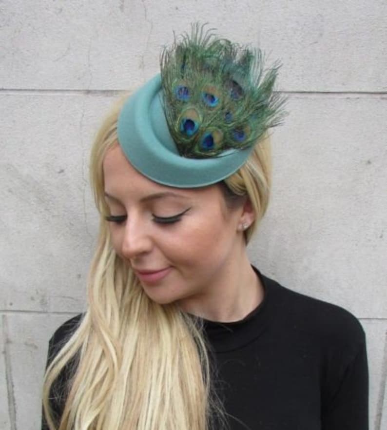 Sage Willow Green Peacock Feather Pillbox Hat Hair Clip Fascinator Races 6348