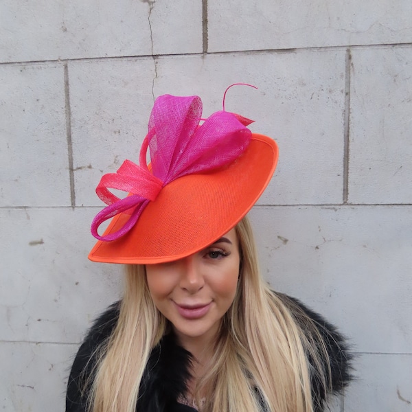 One off Piece - Large Vibrant Orange Magenta Pink Hot Fuchsia Fascinator Hat Big Teardrop Wedding Races Headband Headpiece Hatinator u12701